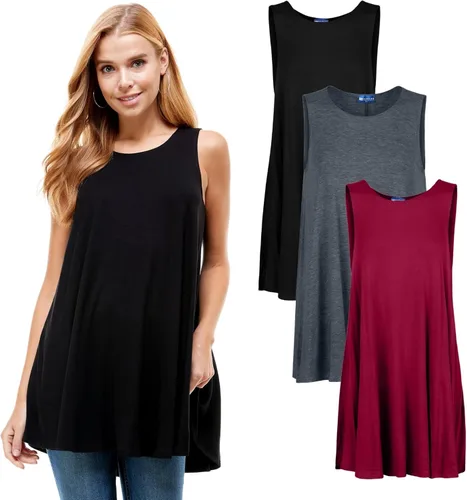 Vista 7 de Azules Sleeveless Tunic Top, Flowy Loose Fit Rayon Dressy Long Tunic Tank Tops for Women 3-Pack