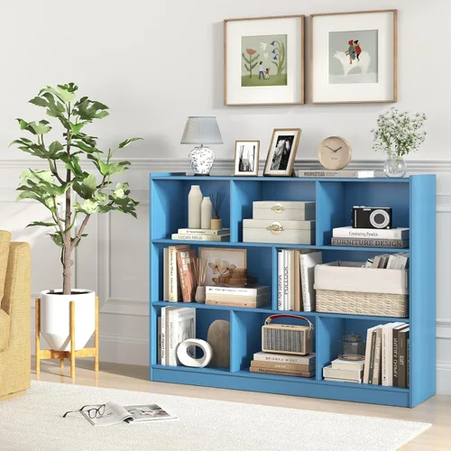 Vista 4 de Estantería de 3 niveles, estantería moderna con 8 cubos de almacenamiento, estantes de almacenamiento de madera, estantes pequeños para espacios