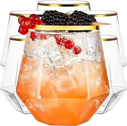 Paquete de 40 copas de vino de plástico con diamantes desechables, copas de oro, copas de vino, copas de cóctel, vasos de plástico para beber, copas