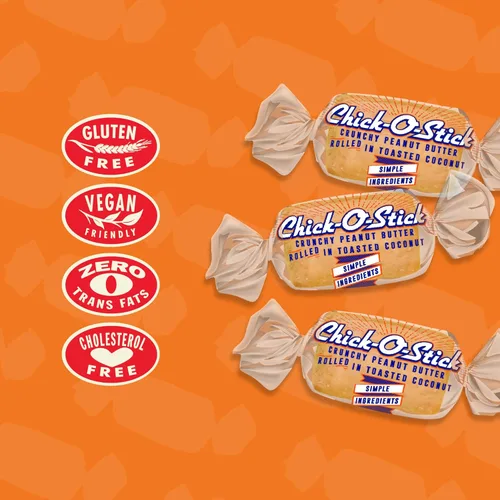 Vista 6 de Atkinson's Chick-O-Stick Nuggets sin azúcar, mantequilla de maní crujiente enrollada en coco tostado, sin gluten, kosher, veganos, caramelo