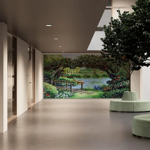 Vista 4 de Handmade Tranquil Garden Bridge tiles Mosaic Wall Art – Hand-Cut Natural Tesserae Landscape Mosaic Tile Panel for Interior Wall Décor