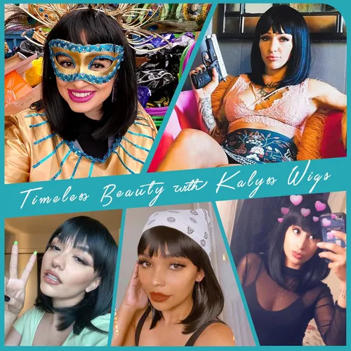 Vista 7 de Kalyss - Pelucas cortas de cabello negro con flequillo para mujer, peluca de cabello sintético completo, resistente al calor, peluca corta y recta