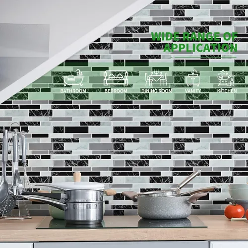 Vista 3 de LONGKING 10 hojas de pelar y pegar para azulejos, stickers de vinilo 3D autoadhesivos para azulejos para cocina, baño, encimera, mármol 79
