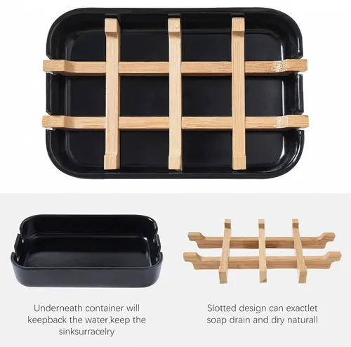 Vista 2 de Jaboneras para barra de jabón, soporte de jabón de baño negro, soporte de bambú para ducha de baño, lavabo de baño