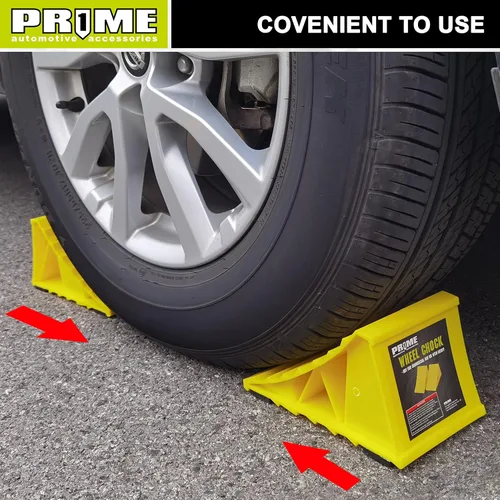 Vista 8 de PR1ME - Cuñas de rueda con base antideslizante para RV y remolque. Paquete de 2 calcetas de ruedas resistentes con amarillo brillante. Tapones