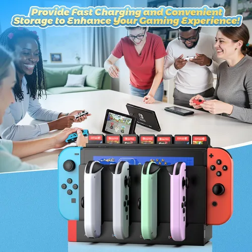 Vista 7 de FastSnail Cargador compatible con Nintendo Switch para Joy con, base de estación de carga y soporte de almacenamiento para tarjetas de juego con 28