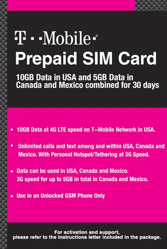 Vista 2 de Tarjeta SIM prepagada de Canadá, México y EE. UU. T-Mobile 10GB 4G LTE Datos en Estados Unidos y 5GB de datos en Canadá o México combinados