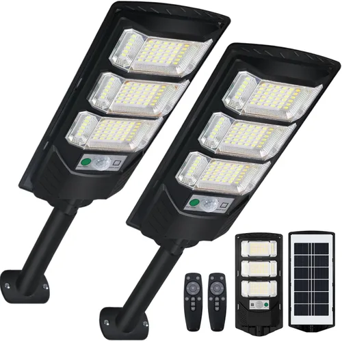 Paquete de 2 luces solares para exteriores, 144 LED de 6500 K del anochecer al amanecer, luz de calle alimentada por energía solar IP65 impermeable,