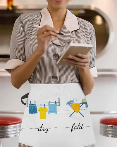 Vista 3 de DecorLovee Modern Minimalist Waitress Apron with 3 Pockets, Cartoon Laundry Room Washing Machine Server Aprons Waterproof Kitchen Restaurant Half