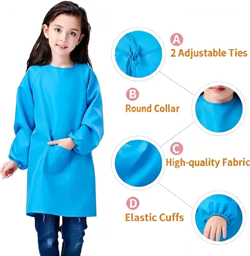 Vista 5 de Delantal de pintura para niños, impermeable, para niñas y niños de 2 a 12 años Azul