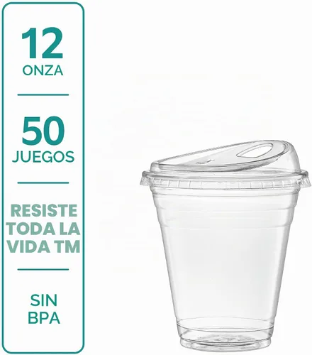 Vista 2 de GUSTO Vasos de plástico transparente con tapas [12 oz - 50 unidades] - Vasos desechables para bebidas de café helado con tapas para sorber sin 12