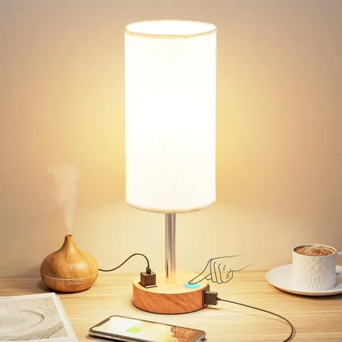 Vista 28 de Fenmzee Juego de lámparas de mesa pequeñas táctiles regulables de 2 a 3 vías, carga USB A + C, salida de CA, base de grano de madera, bombillas