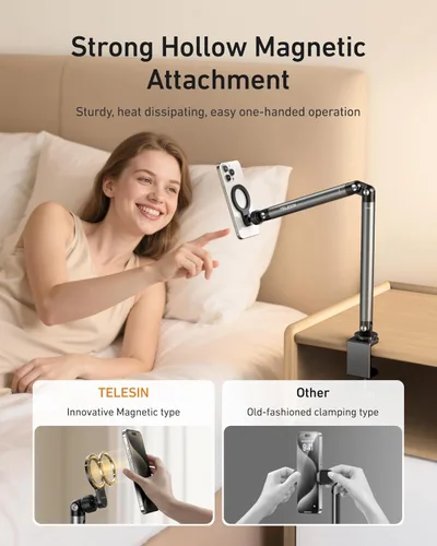 Vista 3 de TELESIN Soporte magnético para teléfono para escritorio y cama, fuerte magnético, soporte para tableta con brazo largo, base de rotación ajustable