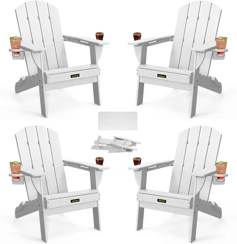 Vista 31 de Silla Adirondack Plegable, Sillas Adirondack de Plástico con Textura de Madera con 2 Portavasos, Silla para Hoguera de HDPE Resistente a