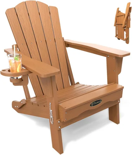 Vista 11 de THOEOE Silla Adirondack plegable, silla de exterior HDPE para todo tipo de clima con soporte para tazas, textura de madera, silla para hoguera