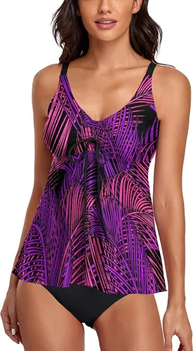 Vista 13 de Omichic Trajes de baño tankini para mujer, de dos piezas, blusa tipo tankini modesta con parte inferior de bikini Negro