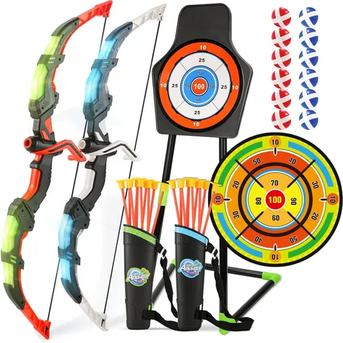 Vista 10 de Juego de juguetes de tiro con arco para niños, juego de arco y flecha con luz LED con 10 flechas de ventosa, objetivo de pie y carcaj