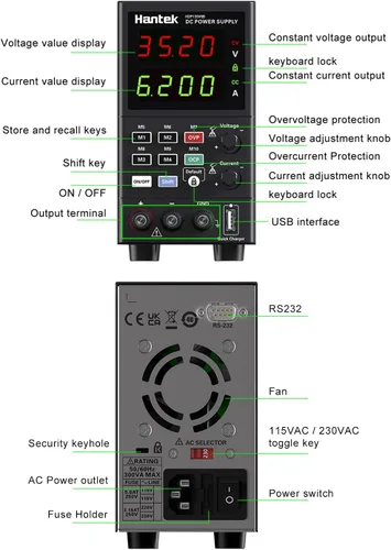 Vista 6 de Hantek Fuente de alimentación de CC variable, 35 V 6 A, pantalla de 4 dígitos, voltaje y corriente ajustable, fuente de alimentación de banco