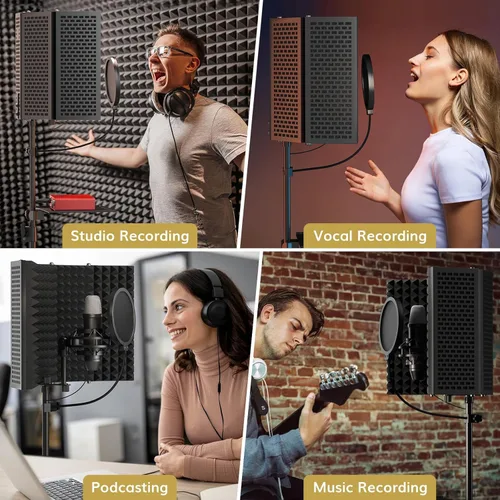 Vista 8 de TONOR Paquete de protectores de aislamiento para micrófono, escudo de espuma acústica con filtro pop y soporte de trípode, diseño plegable, adecuado