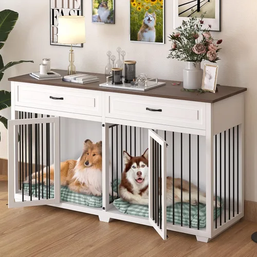 Vista 13 de Muebles grandes de jaula doble para perros de 64.6 pulgadas, muebles de madera para perreras con divisor y 2 cajones, muebles para 2 perros pequeños