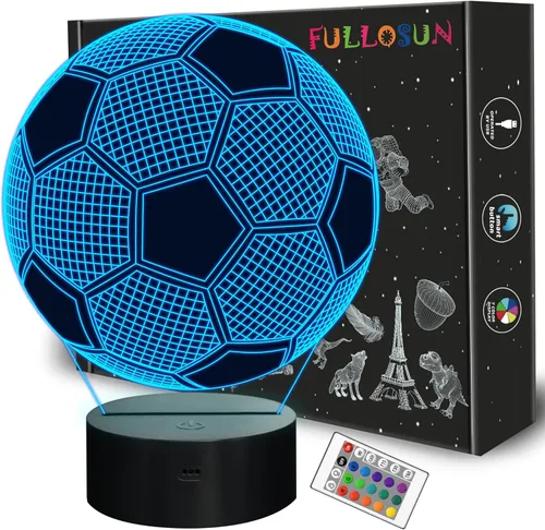 FULLOSUN Luz nocturna para niños, fútbol, lámpara de ilusión óptica 3D con control remoto, 16 colores cambiantes, fútbol, cumpleaños, Navidad, día