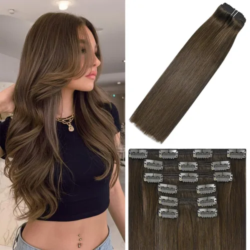 Vista 31 de WindTouch - Extensiones de cabello humano liso con pinzas, color negro azabache, 2.47 onzas, N.° 1, 12 pulgadas, 7