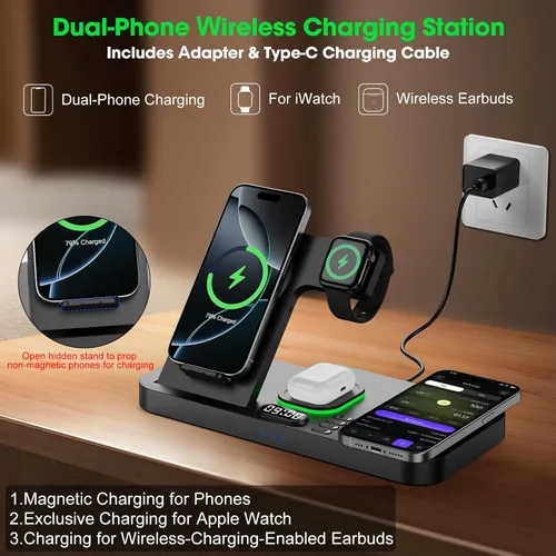 Vista 3 de Estación de carga inalámbrica de teléfono doble para dispositivos Apple, estación de carga magnética para iPhone con interruptor automático de luz
