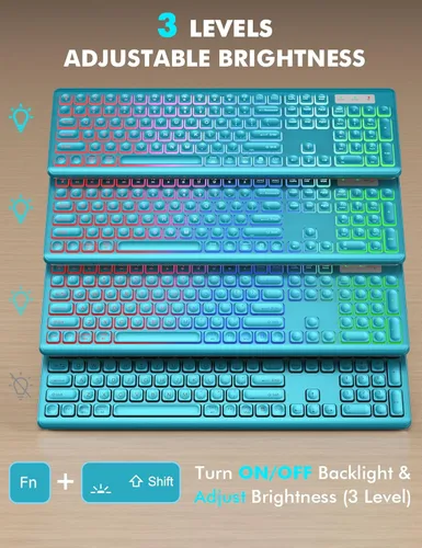Vista 2 de Combo de Teclado y Mouse Inalámbricos, Retroiluminación RGB, Recargable y Letras Iluminadas, Tamaño Completo, Escritura Suave, Modo de Reposo, Set
