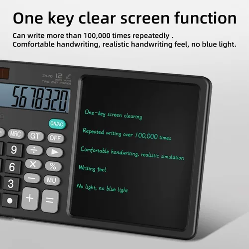 Vista 5 de Calculadora de escritorio con bloc de escritura borrable, pantalla ancha de 12 dígitos, más de 100.000 bloc de notas LCD reutilizable, función