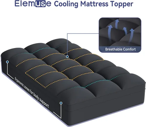 Vista 2 de ELEMUSE - Cubrecolchón refrescante individual, negro, para dolor de espalda, extragrueso, suave con cubierta de almohada de felpa con esquinas