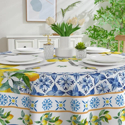 Vista 6 de Mantel redondo de limón de 60 pulgadas, verano mediterráneo para el hogar, mantel de limón resistente al agua, decoración de verano para el hogar