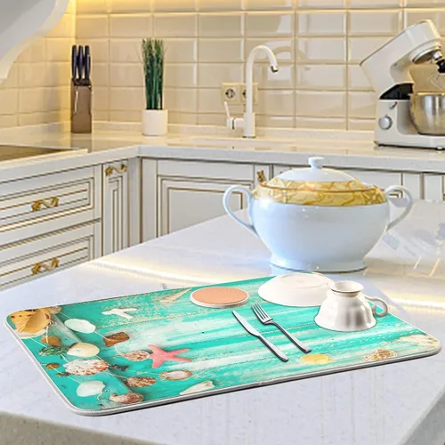 Vista 6 de Tapete absorbente para secado de platos para encimera de cocina, conchas verdes en la tabla de madera, almohadilla de secado de microfibra, 27