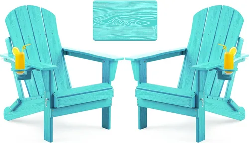 Vista 10 de Silla plegable Adirondack de textura de madera, sillas de patio resistentes a la intemperie, silla de exterior, silla de césped con portavasos