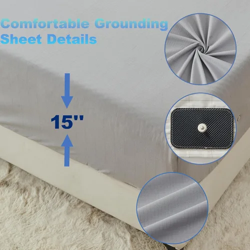 Vista 6 de Sábanas de Conexión a Tierra Queen, 10% fibra de plata pura + 90% algodón orgánico, sábanas de cama de bolsillo profundo con conexión a tierra.