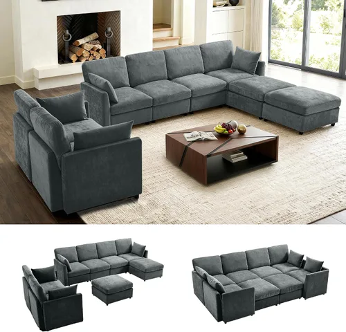 Vista 24 de Iroomy Sofá modular modular para sala de estar, asiento con cojín de resorte, moderno sofá convertible en nube con otomana, gris