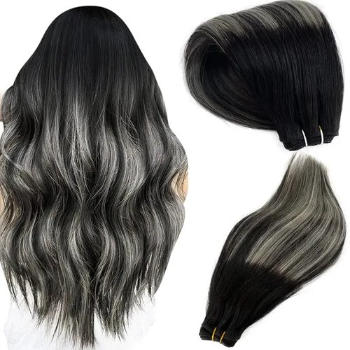 Vista 19 de Smartinnov Extensiones de cabello humano real con trama cosida, atadas a mano, color rubio ceniza a rubio con reflejos, extensiones cosidas