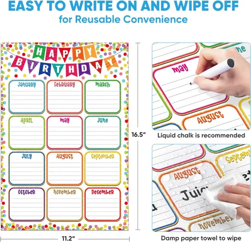 Vista 5 de FaCraft Cartel de cumpleaños para el aula, póster de confeti de feliz cumpleaños, calendario bohemio, reutilizable, laminado, para el día