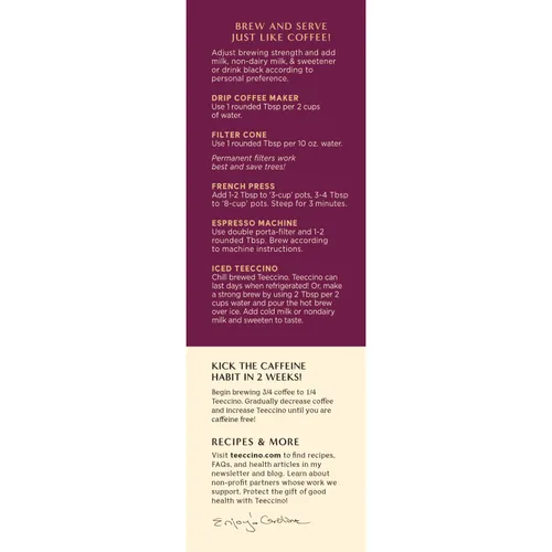 Vista 5 de Teeccino Paquete variado de café de hierbas, nuez de vainilla, tostado francés, chocolate con maca, café molido a base de hierbas que es prebiótico