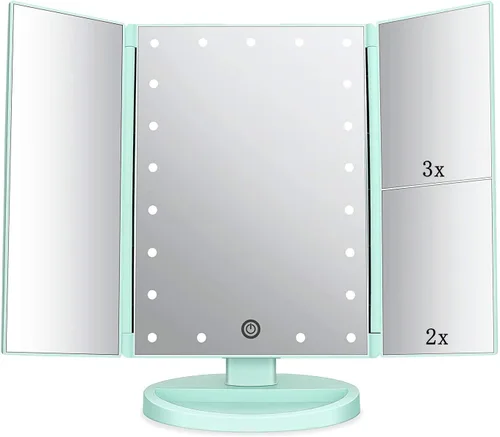 Vista 13 de Flymiro Espejo de tocador iluminado de tres pliegues con aumento 3x/2x, 21 luces LED y pantalla táctil, espejo cosmético de encimera con rotación