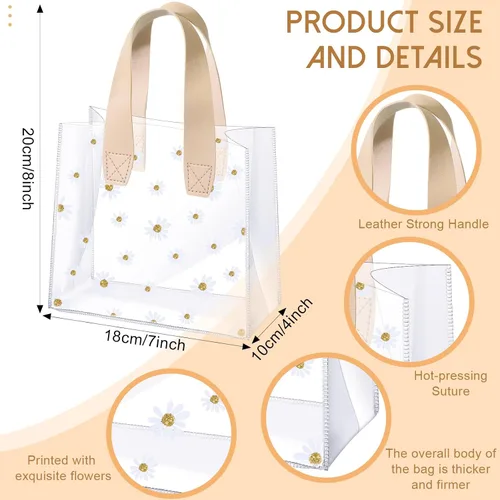 Vista 3 de Clysee 24 bolsas de regalo transparentes con asas, bolsa de plástico transparente con margaritas, reutilizable, bolsa de PVC transparente, embalaje
