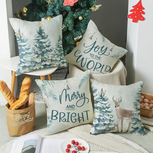 Vista 5 de Juego de 4 fundas de almohada de Navidad de 18 x 18 pulgadas, decoración de Navidad, árbol de Navidad, renos, fundas de cojín de casa de campo