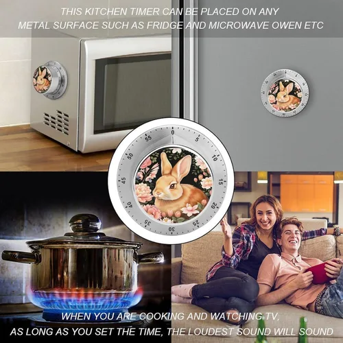 Vista 4 de Pink Flower Bunny Rabbit Kitchen Timer Mechanical No-Battery, Magnetic Back, Loud Alarm for Kitchen, Study & Fitness Style-3