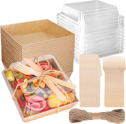 Vista 11 de Whaline Juego de 50 cajas de charcutería pequeñas azules con tapas, tenedores, cuchillos, mini caja de postre transparente de verano, recipientes