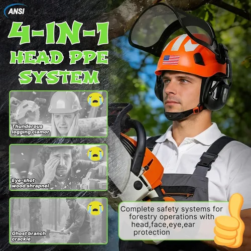 Vista 4 de Aolamegs Casco de motosierra con protector facial y orejeras, casco forestal naranja con protección auditiva y máscara de malla completa, casco