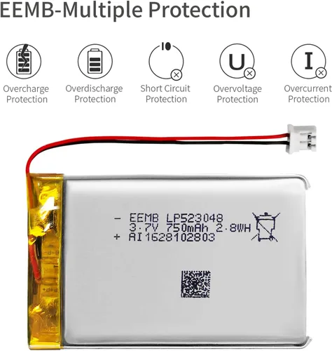 Vista 5 de EEMB Batería de polímero de litio 3.7V 750mAh 523048 Lipo Batería recargable con conector JST de cable para altavoz y dispositivo inalámbrico