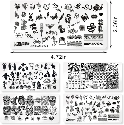 Vista 2 de Juego de 4 placas de estampado de uñas de Halloween, kit de estampado de uñas, calabaza, calavera, murciélago, búho, juego de sellos de uñas