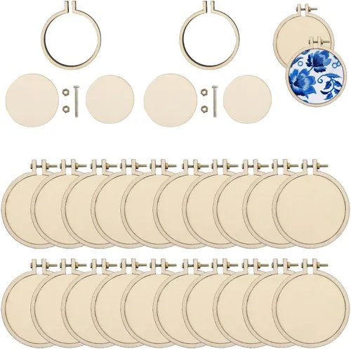 Vista 10 de Framendino, paquete de 10 mini aros de bordado redondos de madera para dijes colgantes, marco para llavero de punto de cruz DIY 1.38"x1.18