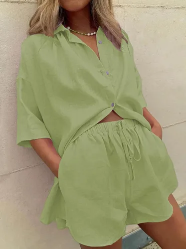 Vista 3 de Meenew Conjunto de 2 piezas para mujer, camisa de manga corta con botones y pantalones cortos, conjunto de sudadera de verano