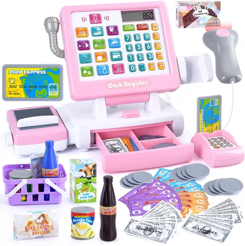 PLAY Caja registradora de juguete para niños - Juguetes de simulación de calculadora con micrófono/transportadores/dinero de juguete/escaner/tarjeta