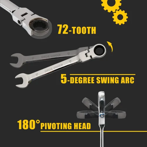 Vista 6 de Juego de llaves de trinquete métricas de cabeza flexible de 8 a 0.748 in, llave de trinquete profesional de acero al cromo vanadio, kit